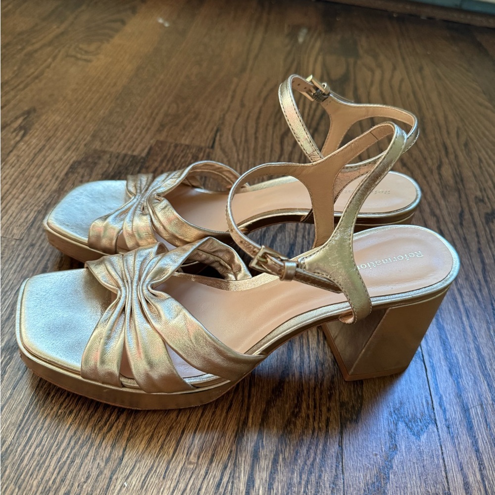 Reformation Maize Platform Gold Block Heel